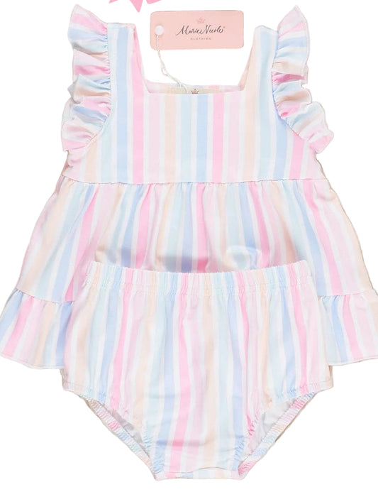 Pastel Striped Flutter Sleeve Top & Bloomers Set