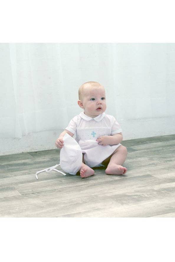 Baby Boy White Smocked Cross Creeper + Bonnet